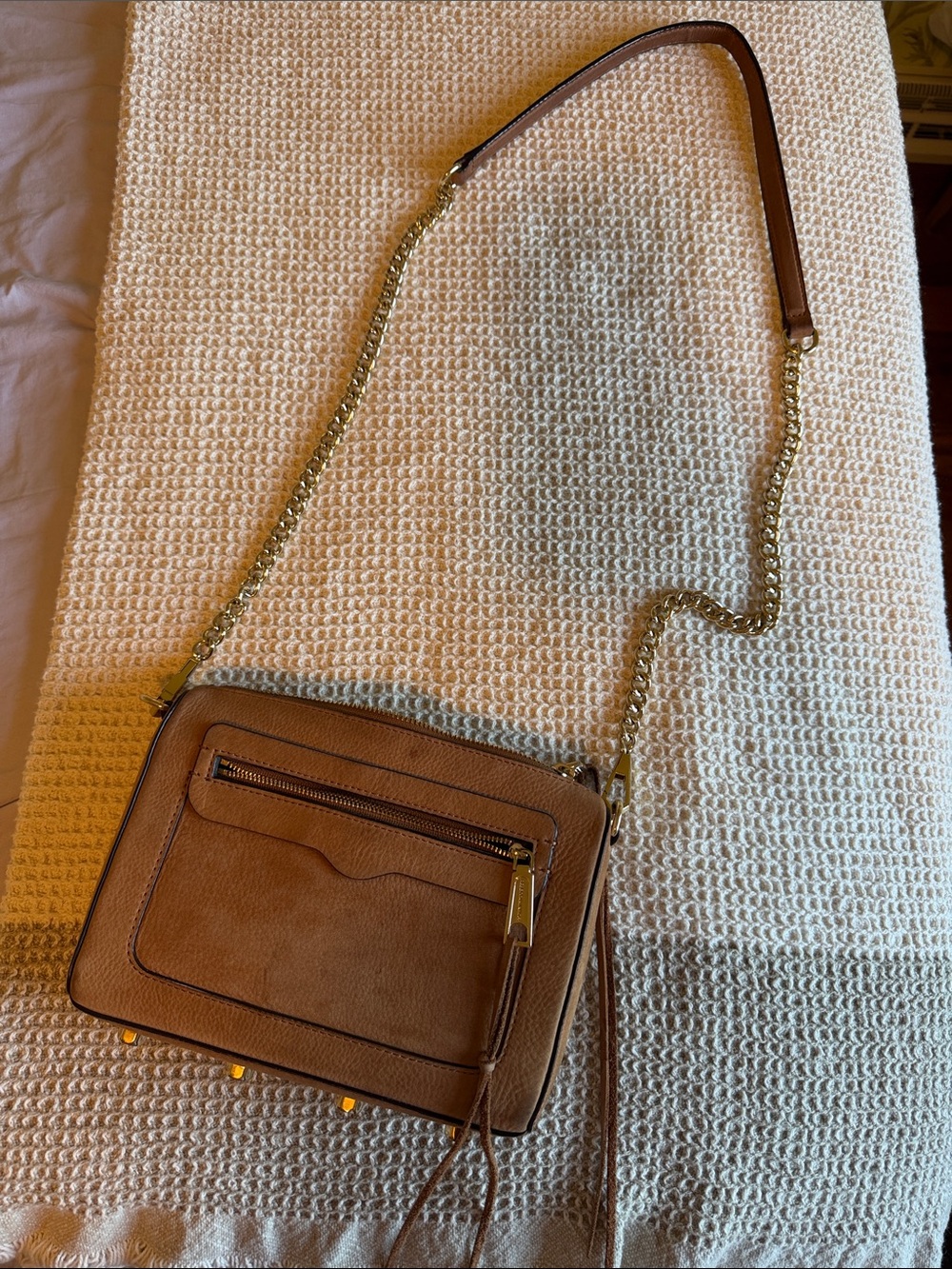 Rebecca Minkoff Chestnut Brown Suede Crossbody Bag with Gold Chain Strap